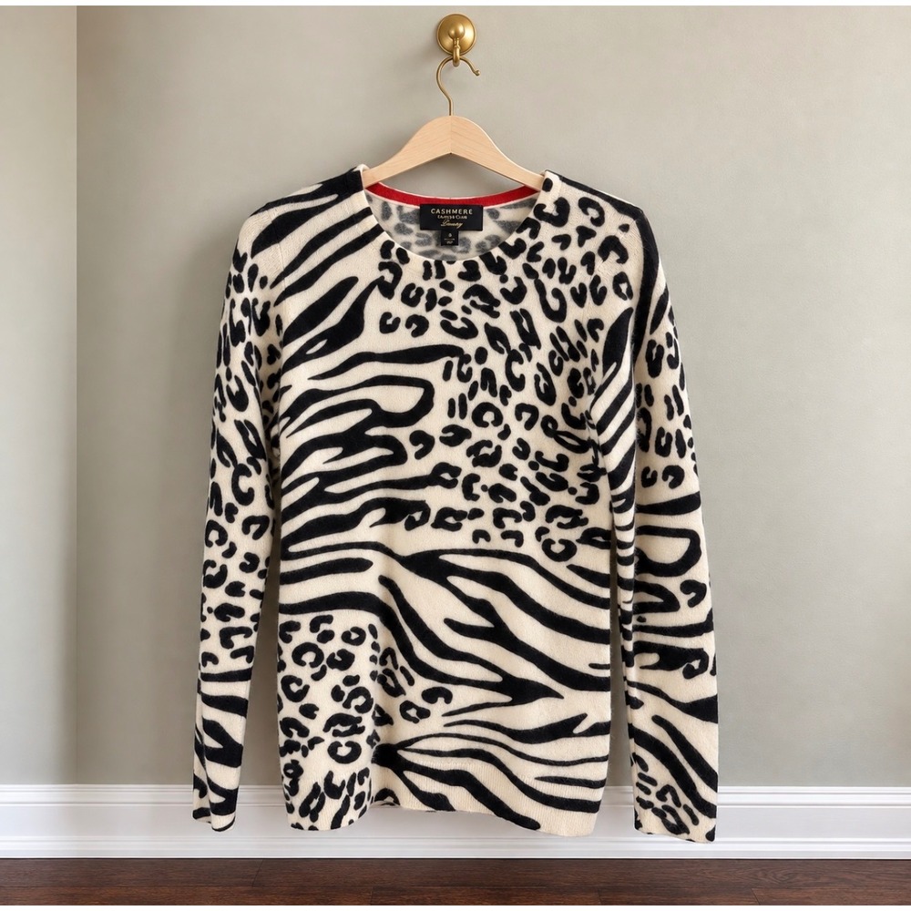 Charter Club Luxury Cashmere Sweater Small Animal Print Zebra Leopard Crewneck